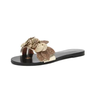 Women Summer Shoes Flat Beach Sandals  Ladies Bohemian Party Gold Slip on Slippers Shoes Woman Flower Luxury Brand Sandals