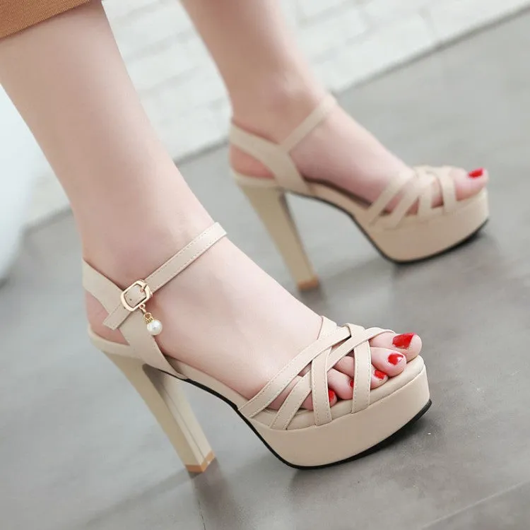 Women's Ankle Strap Pearls High Heel Platform Sandals