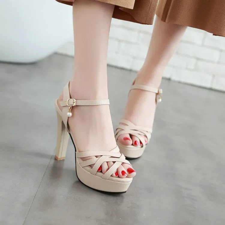 Women's Ankle Strap Pearls High Heel Platform Sandals