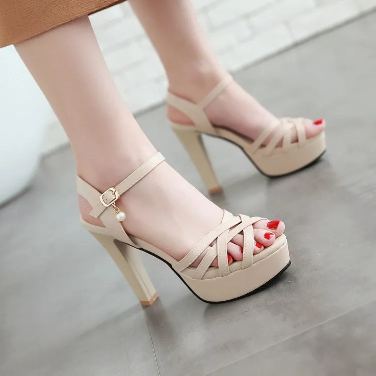 Women's Ankle Strap Pearls High Heel Platform Sandals