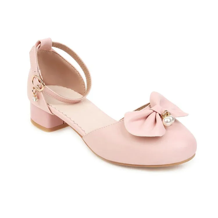 Women's Butterfly Knot Pearls Hollow Out Ankle Strap Block Heel Low Heels Sandals