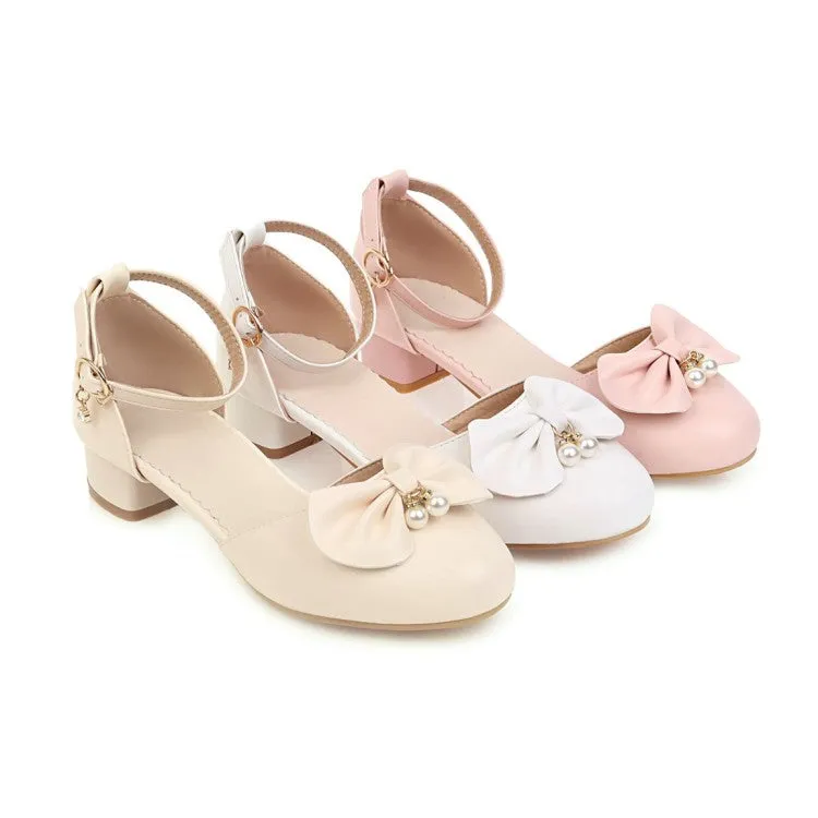 Women's Butterfly Knot Pearls Hollow Out Ankle Strap Block Heel Low Heels Sandals