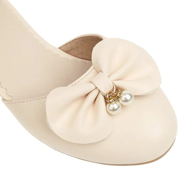 Women's Butterfly Knot Pearls Hollow Out Ankle Strap Block Heel Low Heels Sandals