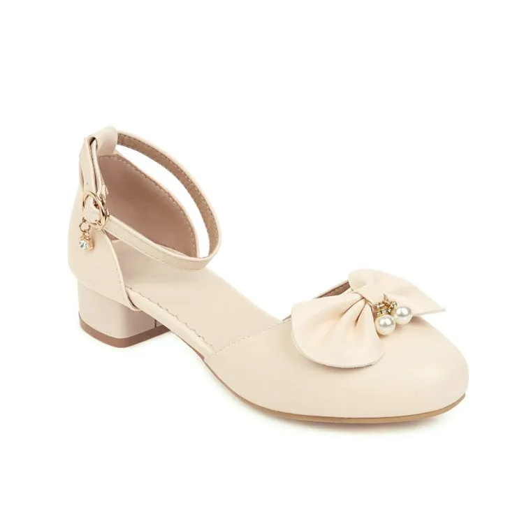 Women's Butterfly Knot Pearls Hollow Out Ankle Strap Block Heel Low Heels Sandals