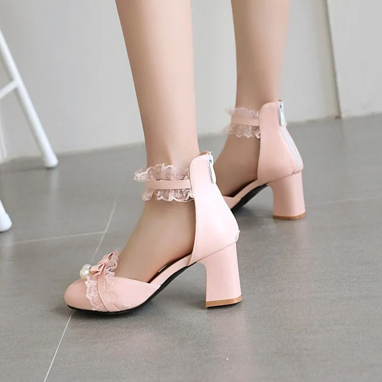 Women's Lace Butterfly Knot Pearls Ankle Strap Chunky Heel Block Heel Sandals