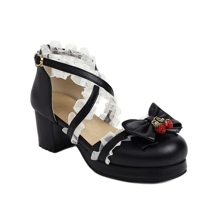 Women's Lolita Closed Toe Lace Butterfly Knot Block Heel Sandals