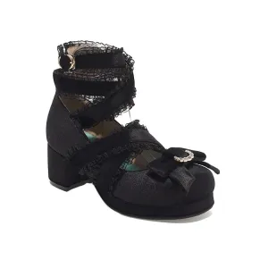 Women's Lolita Round Toe Butterfly Knot Cross Lace Strap High Heels Chunky Heel Platform Sandals