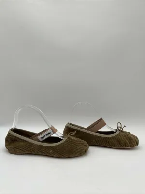 Women’s Miu Miu Corduroy Mary Jane Ballerina Flats Brown Size 37 - Very Good