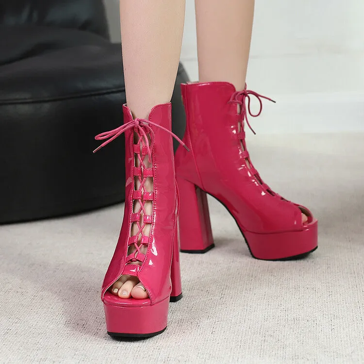 Women's Open Toe Lace Up Chunky Heel Platform Sandals