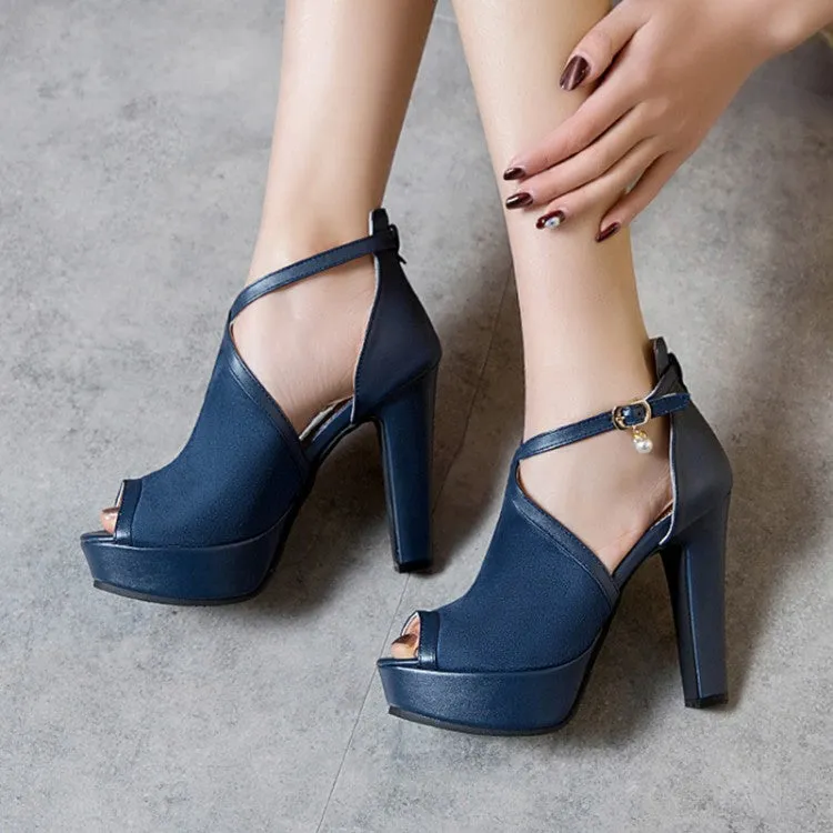 Women's Peep Toe Cutout Ankle Strap Chunky Heel Platform Sandals