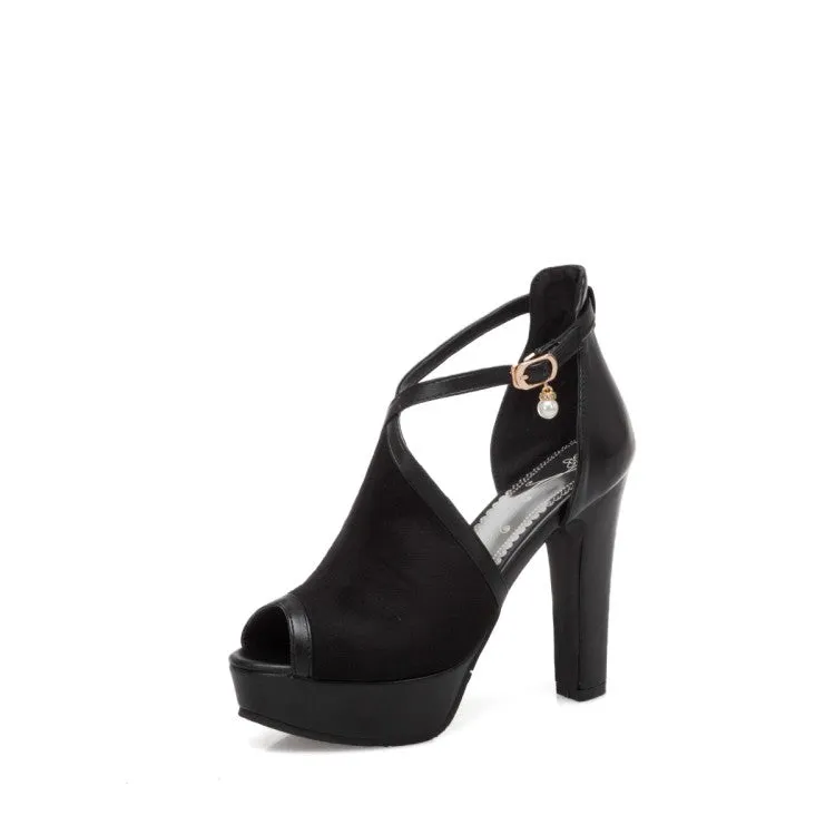 Women's Peep Toe Cutout Ankle Strap Chunky Heel Platform Sandals