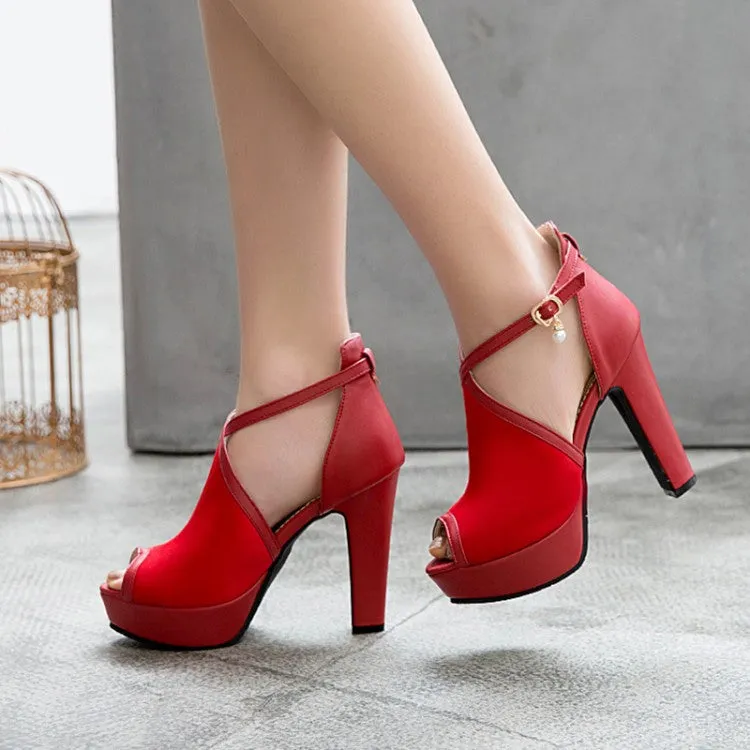 Women's Peep Toe Cutout Ankle Strap Chunky Heel Platform Sandals