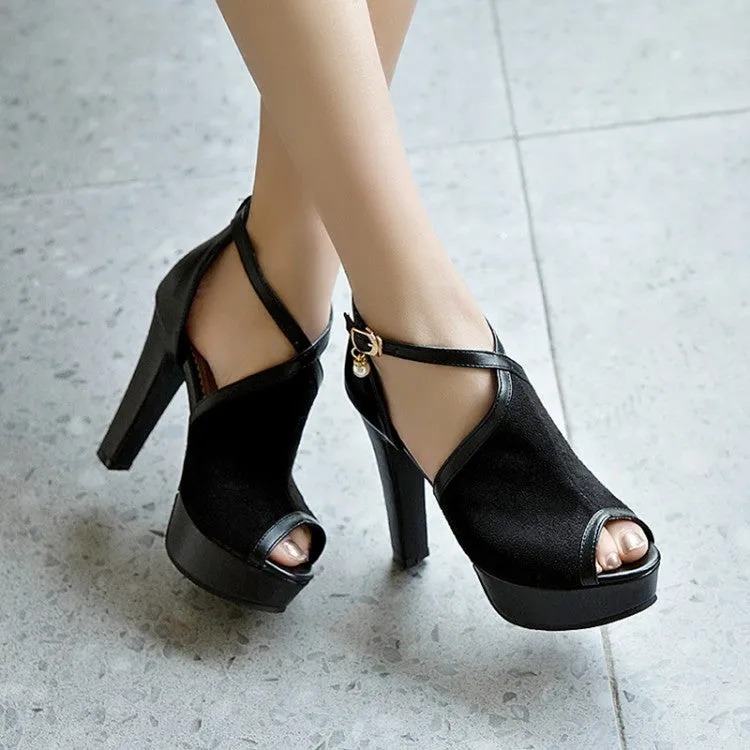 Women's Peep Toe Cutout Ankle Strap Chunky Heel Platform Sandals