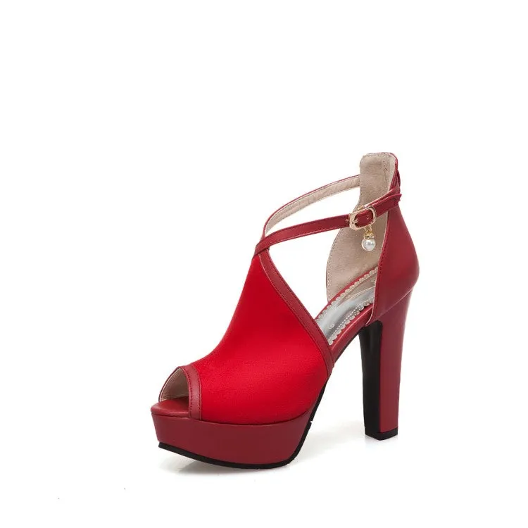 Women's Peep Toe Cutout Ankle Strap Chunky Heel Platform Sandals