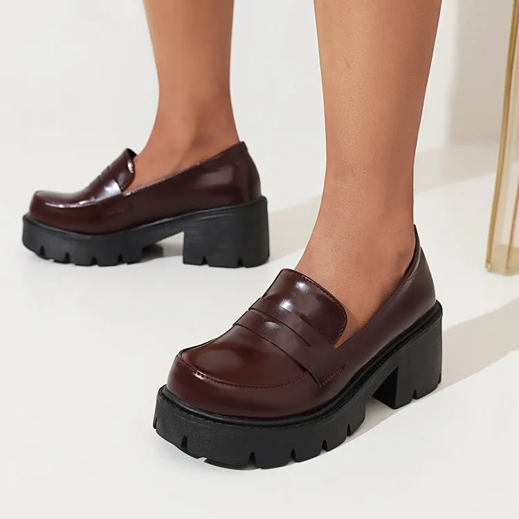 Women's Round Toe Shallow Block Chunky Heel Platform Loafers