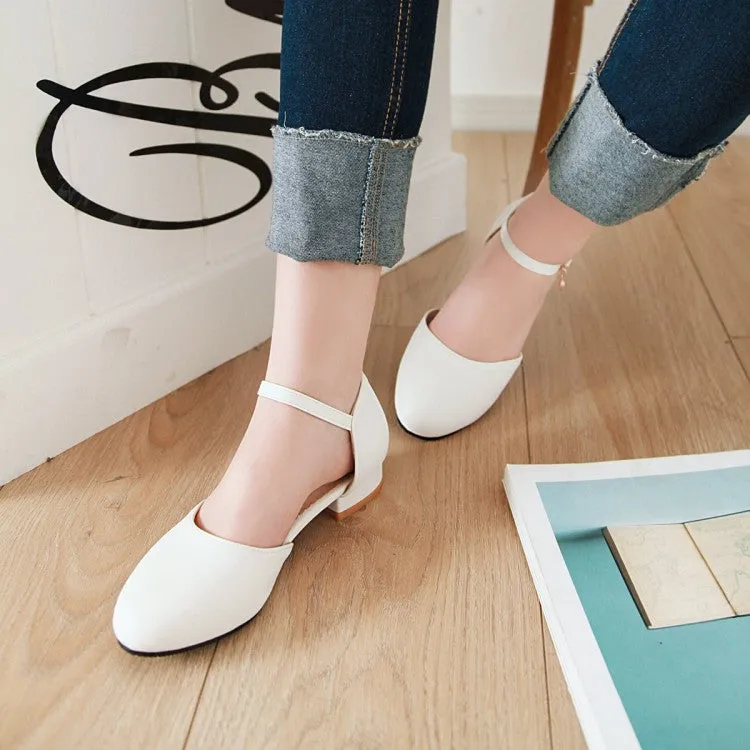 Women's Round Toe Solid Color Hollow Out Ankle Strap Block Heels Sandals