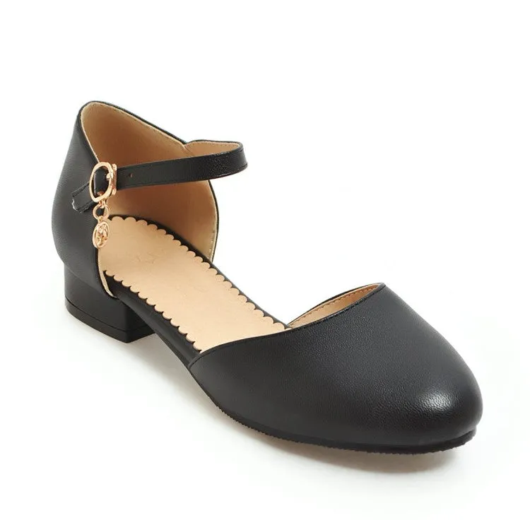 Women's Round Toe Solid Color Hollow Out Ankle Strap Block Heels Sandals