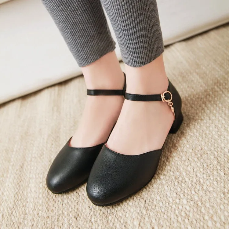 Women's Round Toe Solid Color Hollow Out Ankle Strap Block Heels Sandals