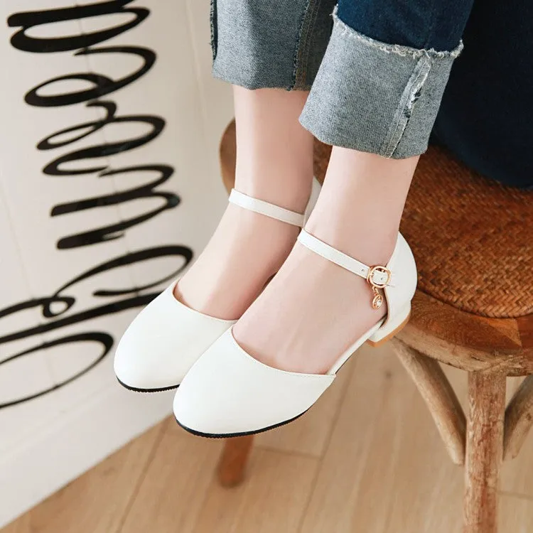 Women's Round Toe Solid Color Hollow Out Ankle Strap Block Heels Sandals