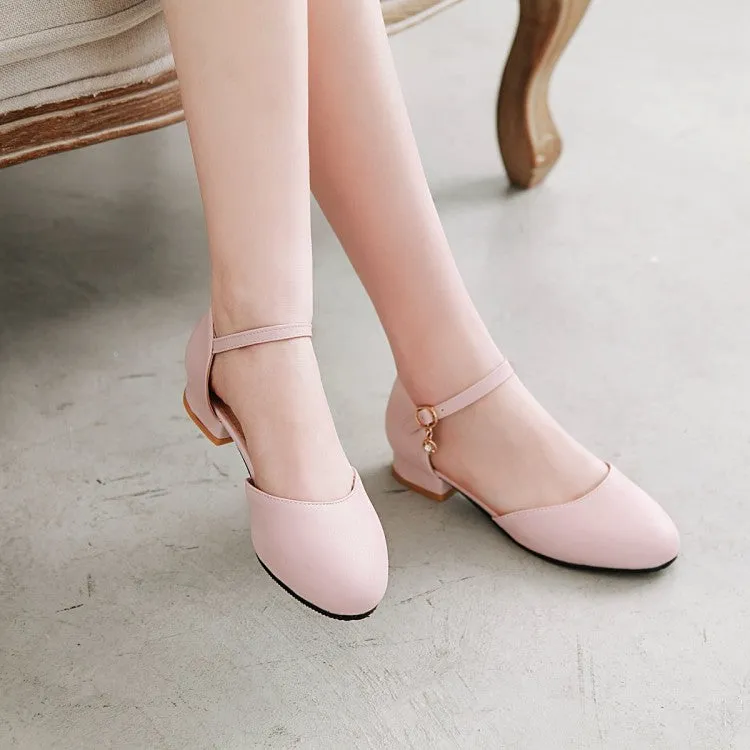 Women's Round Toe Solid Color Hollow Out Ankle Strap Block Heels Sandals