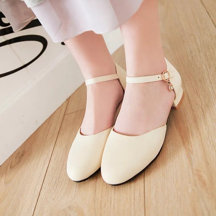 Women's Round Toe Solid Color Hollow Out Ankle Strap Block Heels Sandals