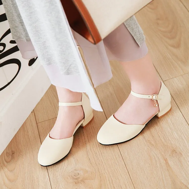 Women's Round Toe Solid Color Hollow Out Ankle Strap Block Heels Sandals