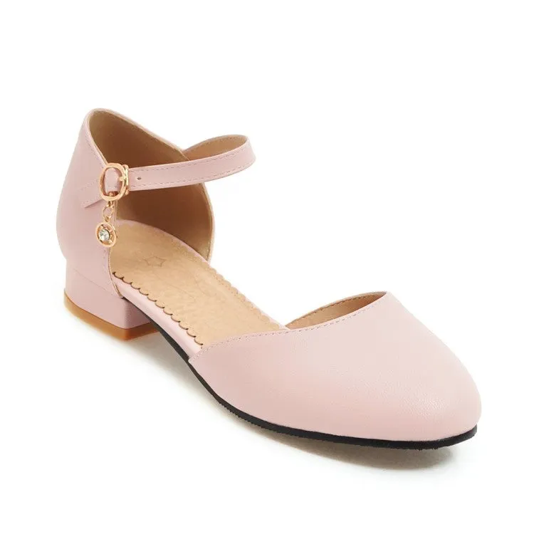Women's Round Toe Solid Color Hollow Out Ankle Strap Block Heels Sandals