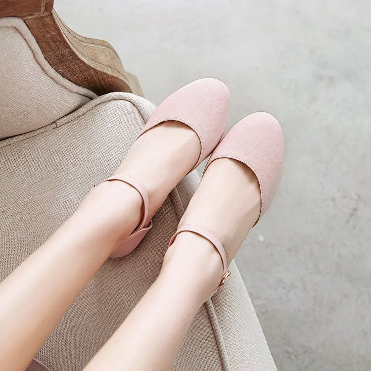 Women's Round Toe Solid Color Hollow Out Ankle Strap Block Heels Sandals
