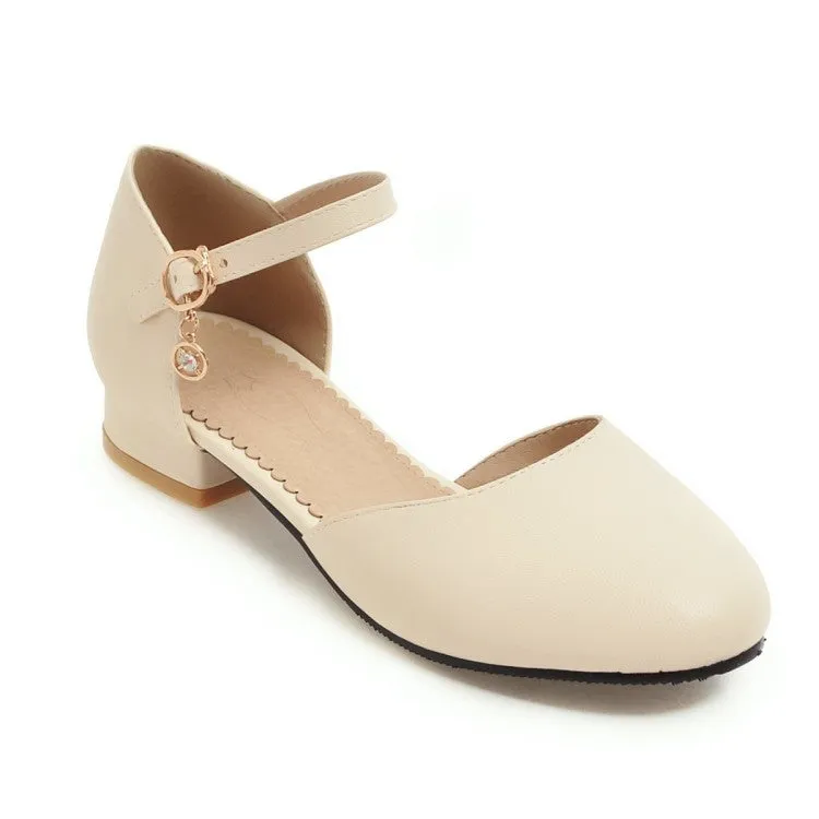 Women's Round Toe Solid Color Hollow Out Ankle Strap Block Heels Sandals