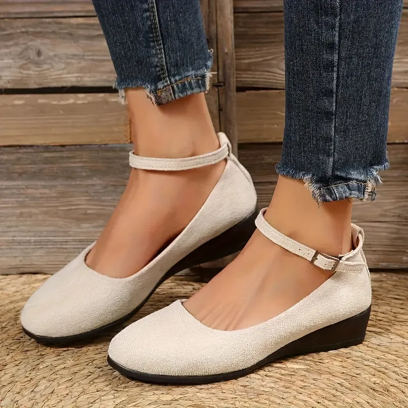 Women's Solid Color Casual Shoes, Ankle Buckle Strap Shallow Mouth Daily Shoes, Lightweight Wedge Soft Shoes
