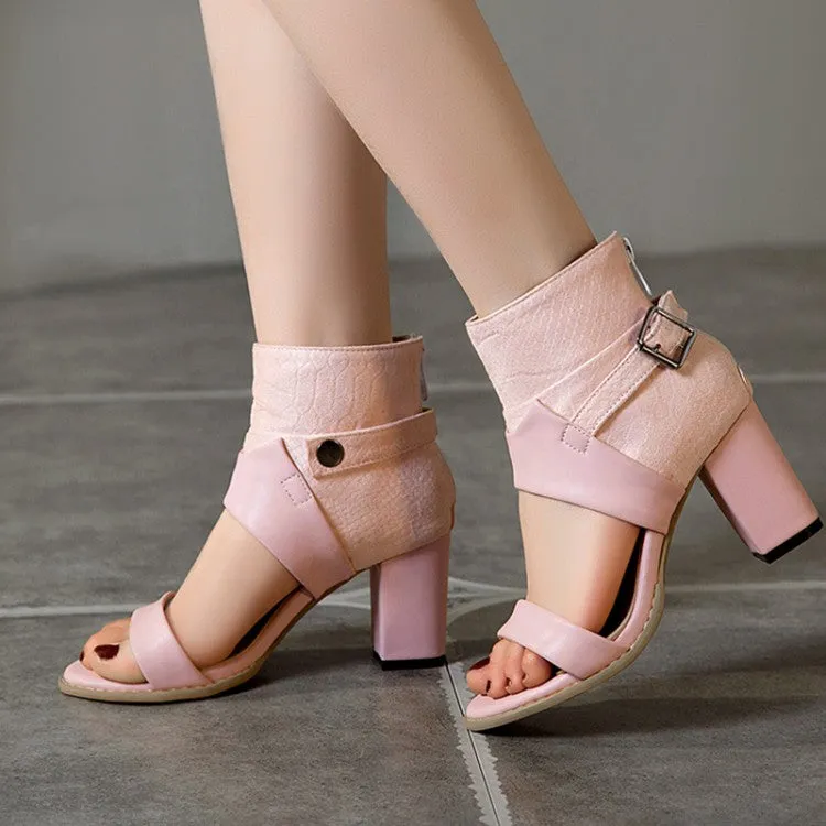 Women's Solid Color Open Toe Buckle Ankle Wrap Block Heel Sandals