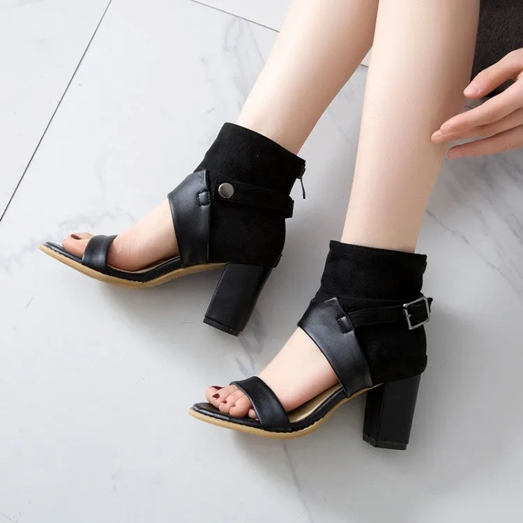 Women's Solid Color Open Toe Buckle Ankle Wrap Block Heel Sandals