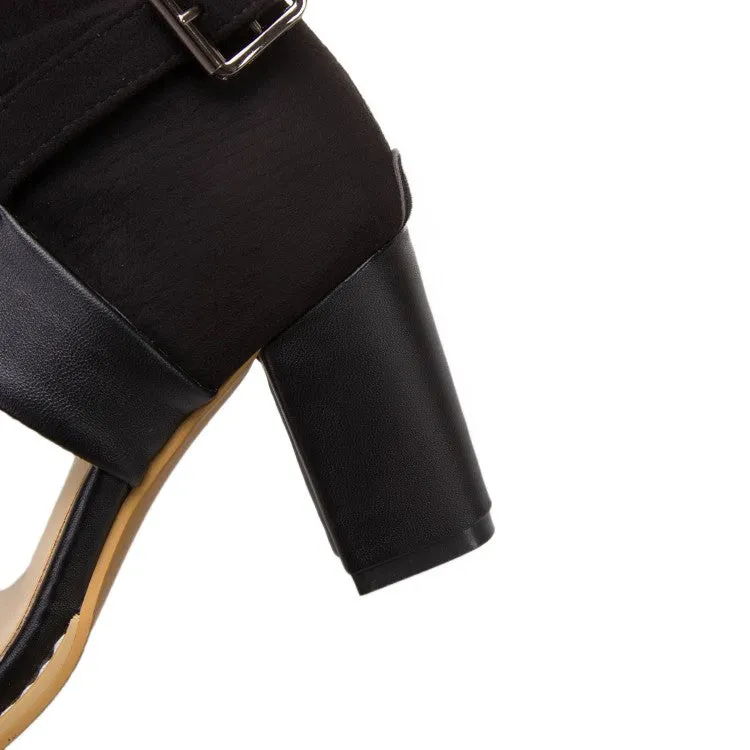 Women's Solid Color Open Toe Buckle Ankle Wrap Block Heel Sandals