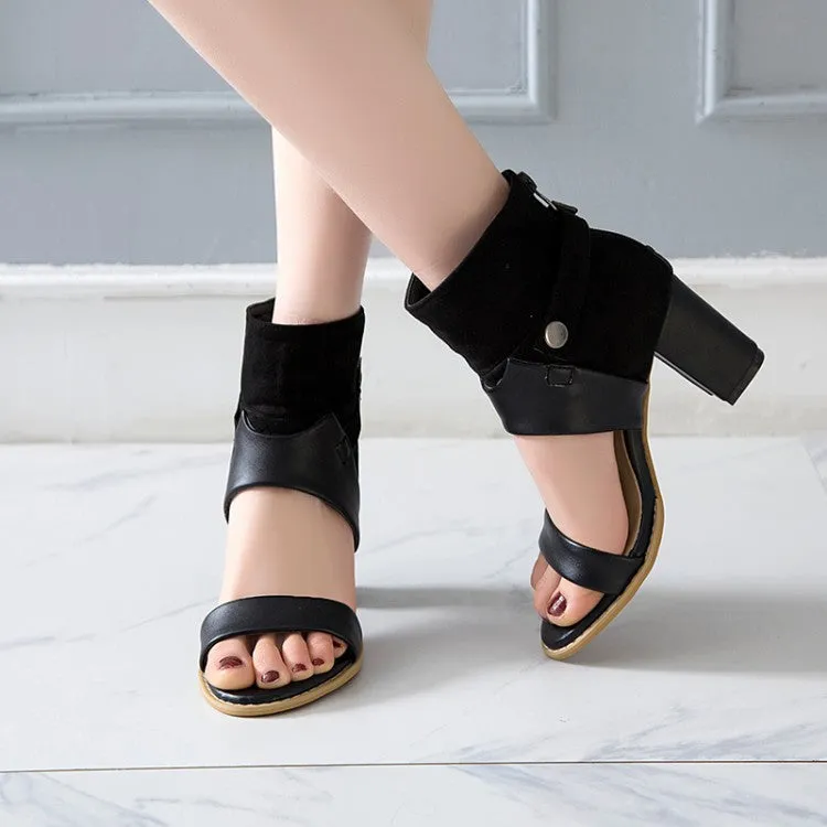 Women's Solid Color Open Toe Buckle Ankle Wrap Block Heel Sandals