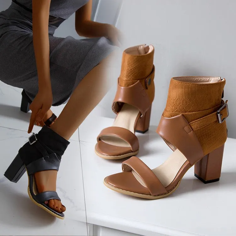 Women's Solid Color Open Toe Buckle Ankle Wrap Block Heel Sandals