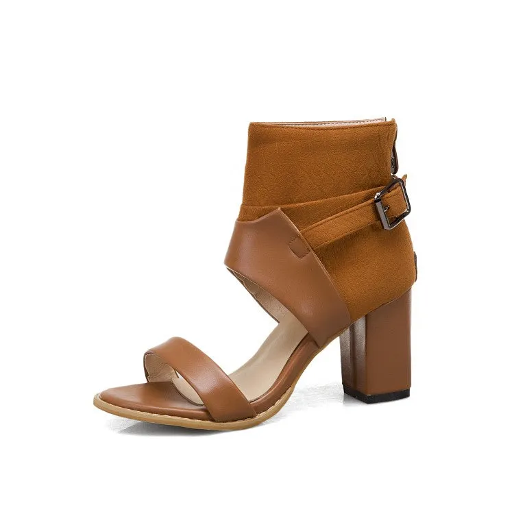 Women's Solid Color Open Toe Buckle Ankle Wrap Block Heel Sandals