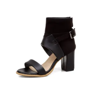 Women's Solid Color Open Toe Buckle Ankle Wrap Block Heel Sandals