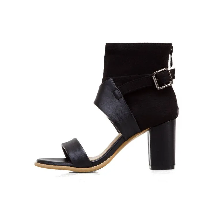 Women's Solid Color Open Toe Buckle Ankle Wrap Block Heel Sandals