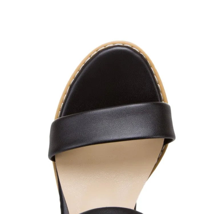 Women's Solid Color Open Toe Buckle Ankle Wrap Block Heel Sandals