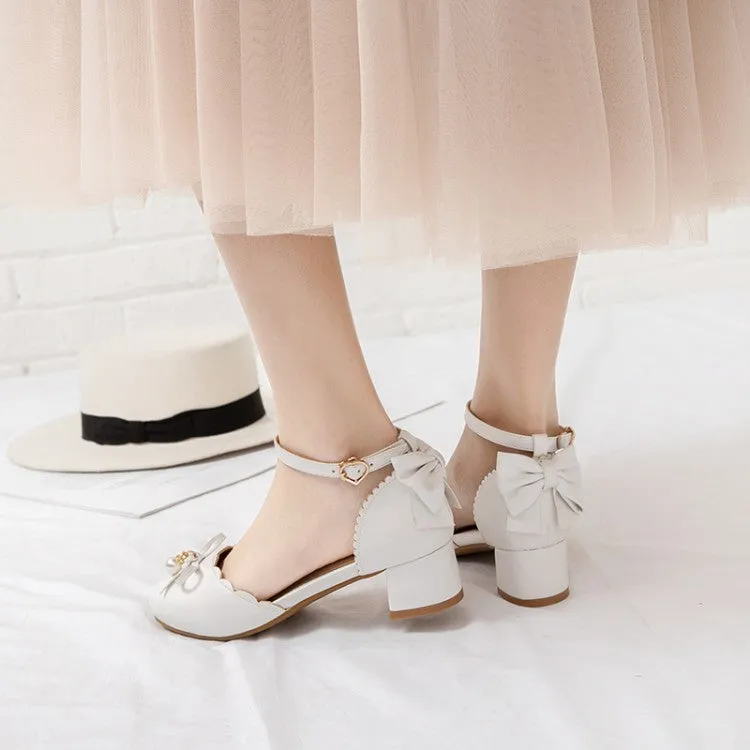 Women's Solid Color Round Toe Butterfly Knot Pearls Block Heel Sandals
