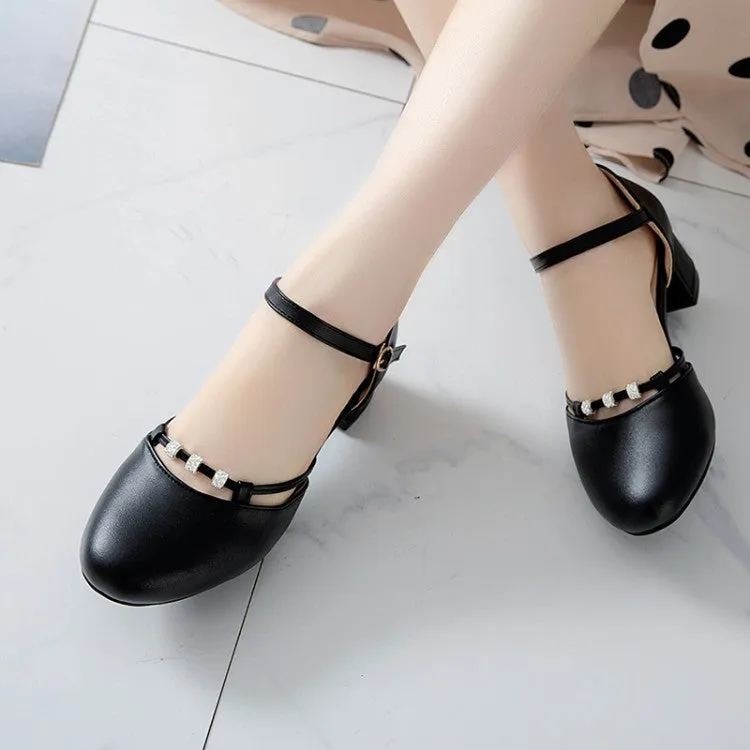Women's Solid Color Round Toe Rhinestone Ankle Strap Block Heel Sandals
