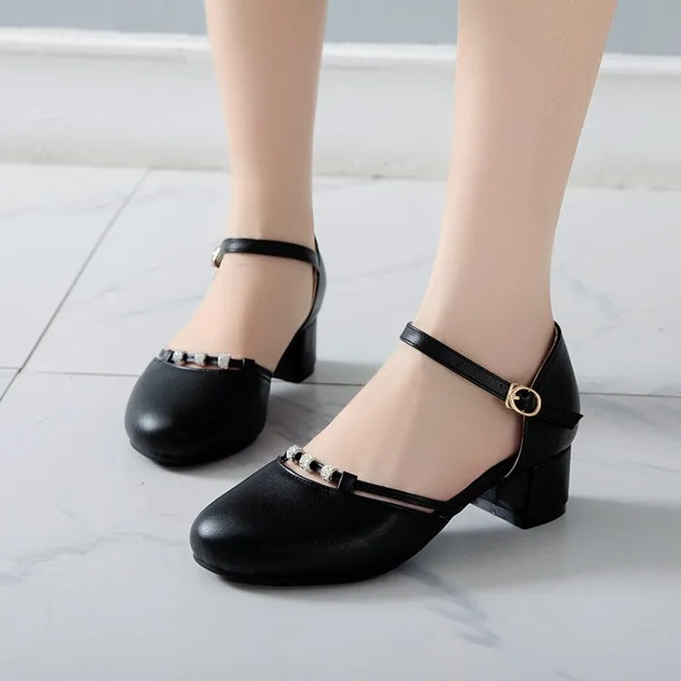 Women's Solid Color Round Toe Rhinestone Ankle Strap Block Heel Sandals
