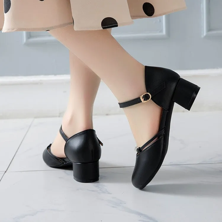 Women's Solid Color Round Toe Rhinestone Ankle Strap Block Heel Sandals