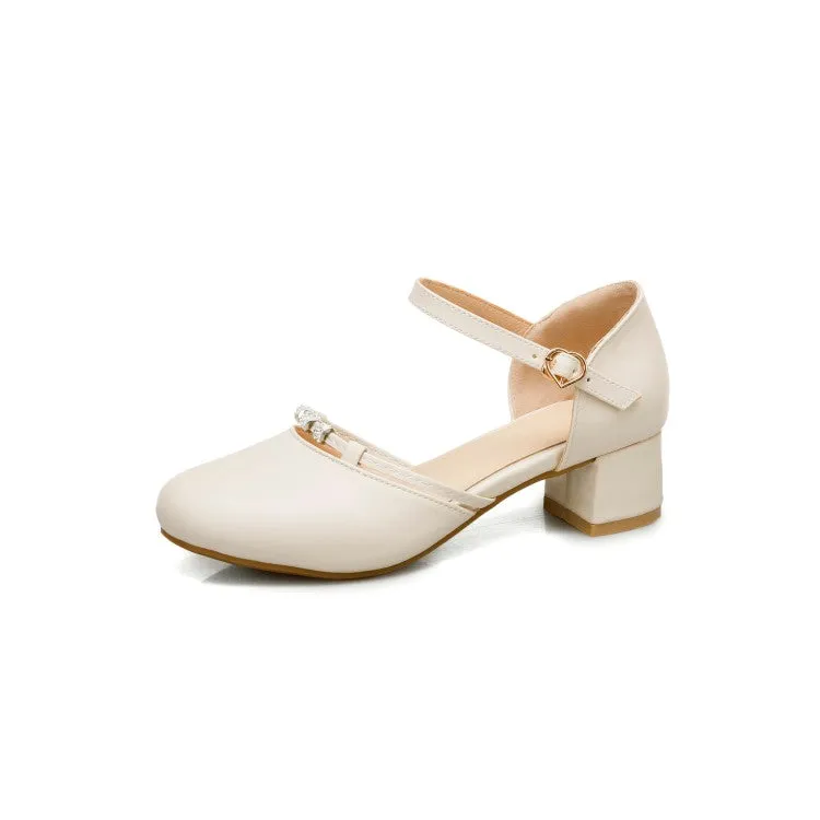 Women's Solid Color Round Toe Rhinestone Ankle Strap Block Heel Sandals