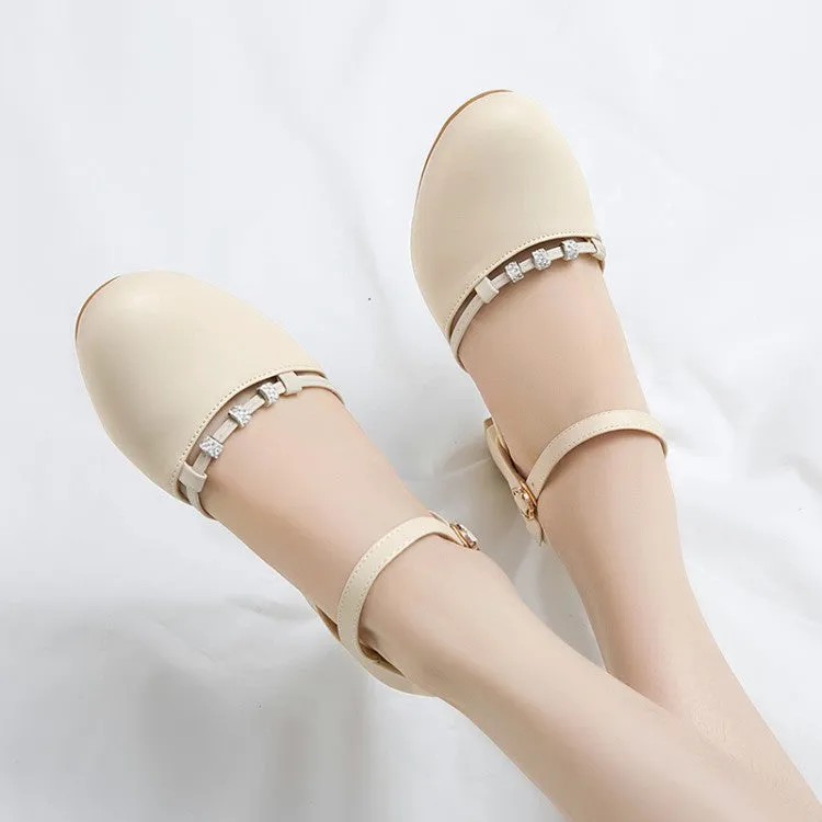 Women's Solid Color Round Toe Rhinestone Ankle Strap Block Heel Sandals