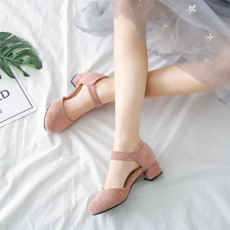 Women's Solid Color Suede Ankle Strap Butterfly Knot Block Heel Sandals