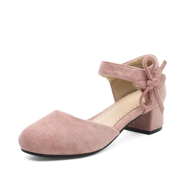 Women's Solid Color Suede Ankle Strap Butterfly Knot Block Heel Sandals