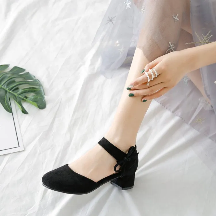 Women's Solid Color Suede Ankle Strap Butterfly Knot Block Heel Sandals