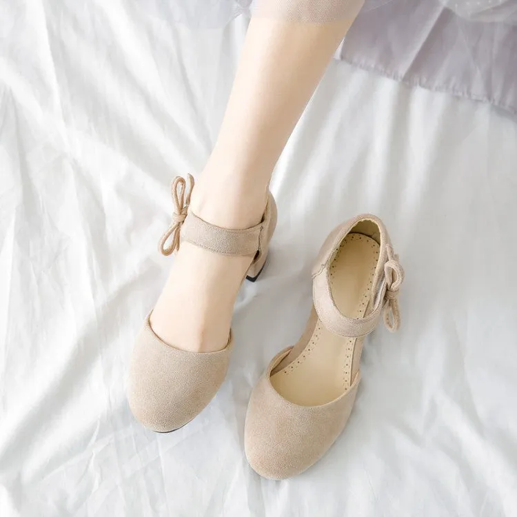 Women's Solid Color Suede Ankle Strap Butterfly Knot Block Heel Sandals