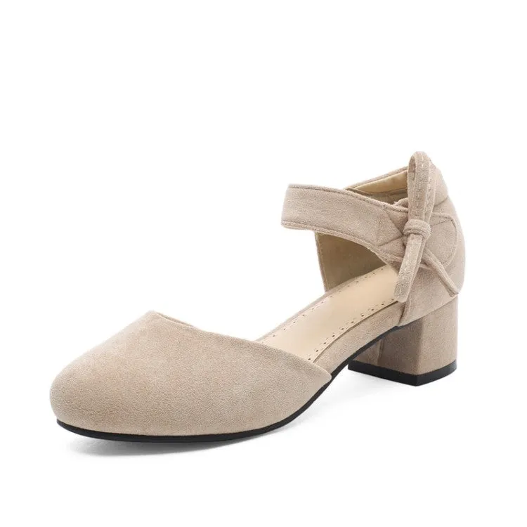 Women's Solid Color Suede Ankle Strap Butterfly Knot Block Heel Sandals